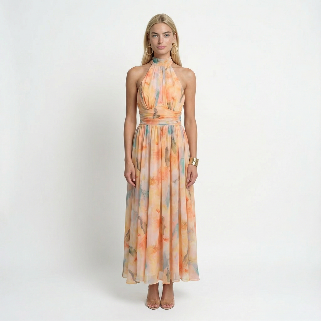AcuarelaDream | Elegante Vestido Largo Halter con Espalda Abierta 0