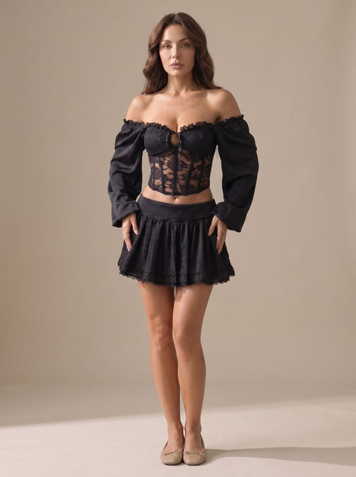 Top corsé off-shoulder de encaje negro con manga abullonada para mujer