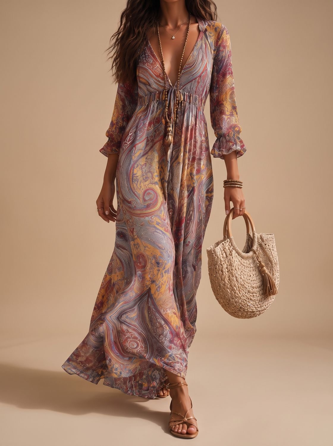 Mujer con vestido maxi boho de estampado paisley y manga larga en tonos rosa y dorado