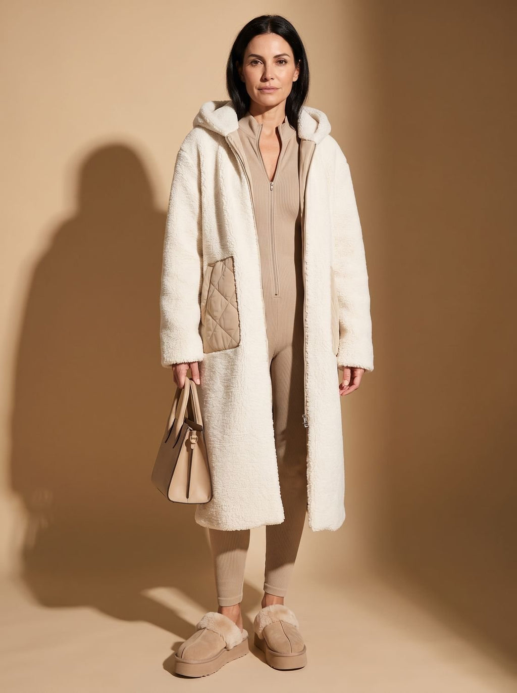 Mujer luciendo el abrigo puffer reversible en un entorno urbano de invierno
