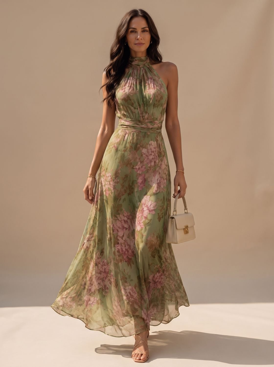 Mujer con vestido largo boho floral de cuello halter en tono verde salvia