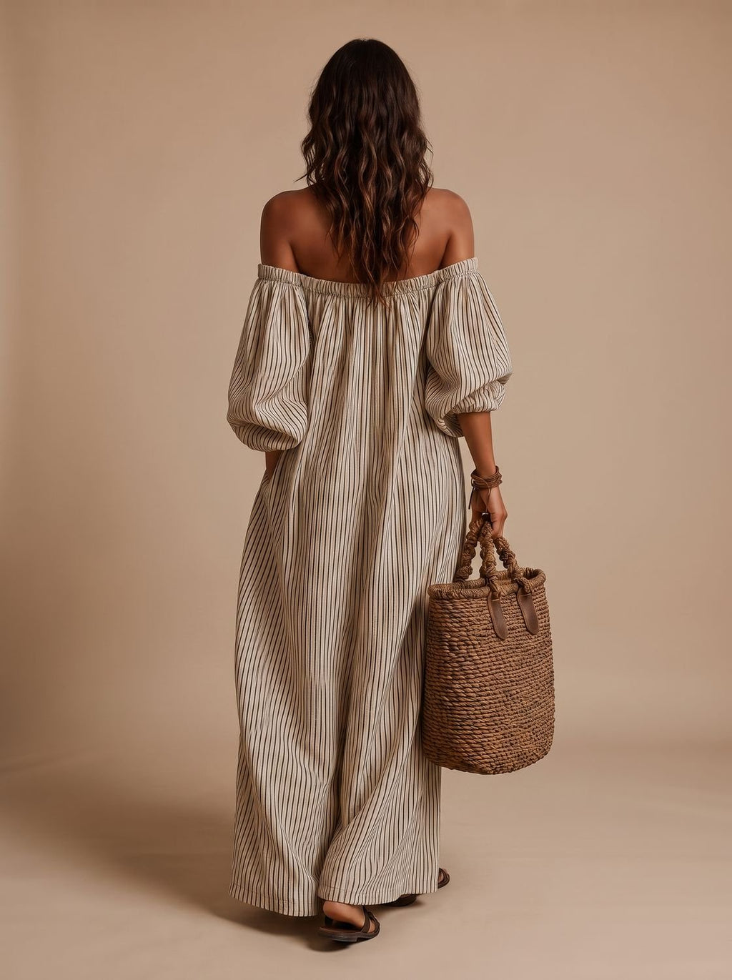 Vestido maxi boho de rayas con escote elástico hombros descubiertos