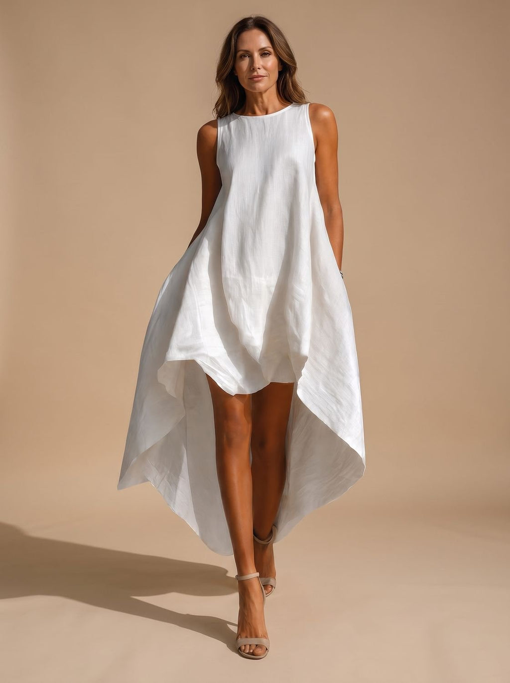 Vestido midi boho asimétrico sin mangas para mujer, color blanco