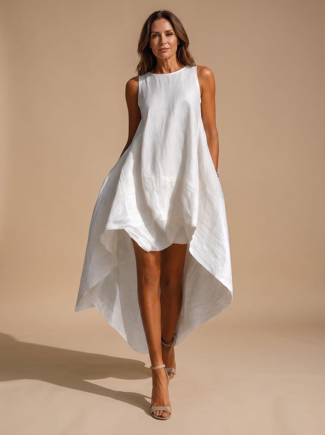 Vestido midi boho asimétrico sin mangas para mujer, color blanco