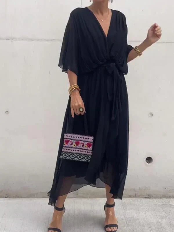 NAELLA | Vestido Midi Elegante para Mujer con Cinturón y Escote en V | Ideal para Eventos Especiales - Noa Lagos