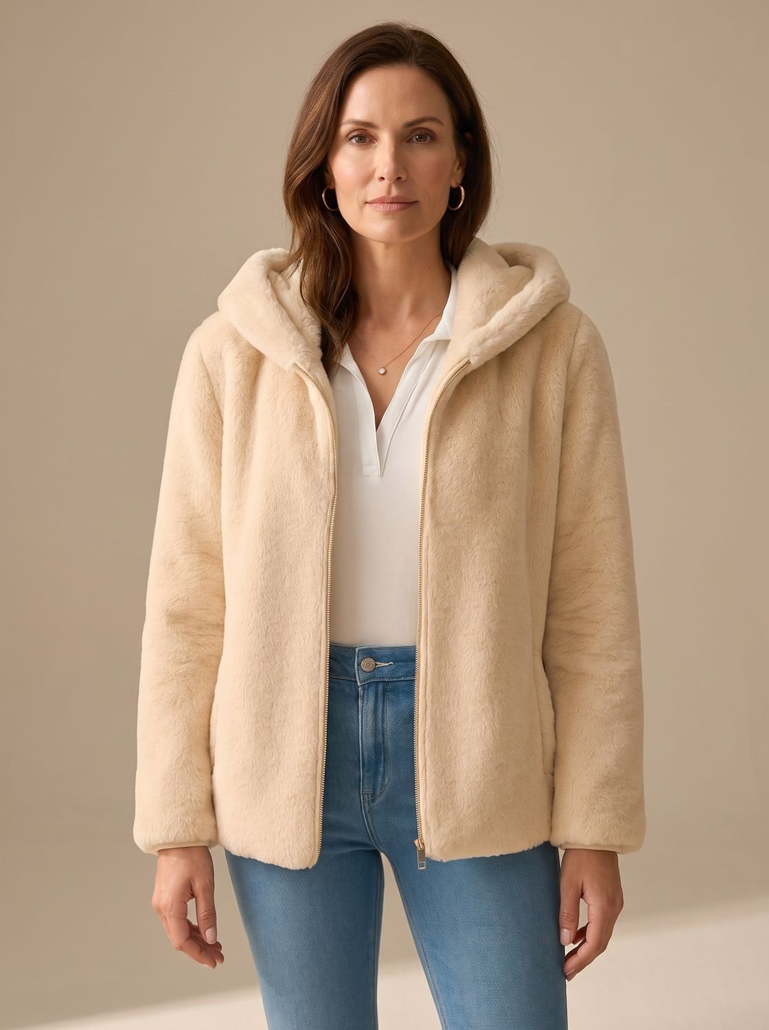 Mujer con abrigo con capucha de pelo sintético tipo teddy en color gris