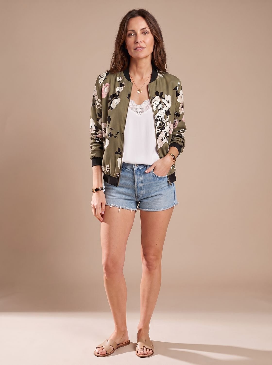 Mujer luciendo la cazadora bomber floral Sakura sobre look casual