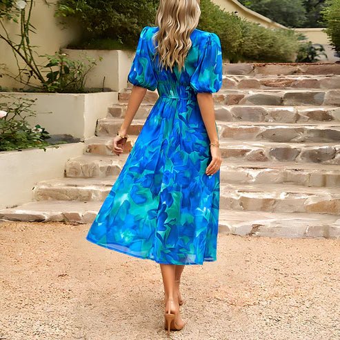 Sofia | Elegante Vestido Midi con Manga Abullonada y Escote en V para Mujer - Noa Lagos