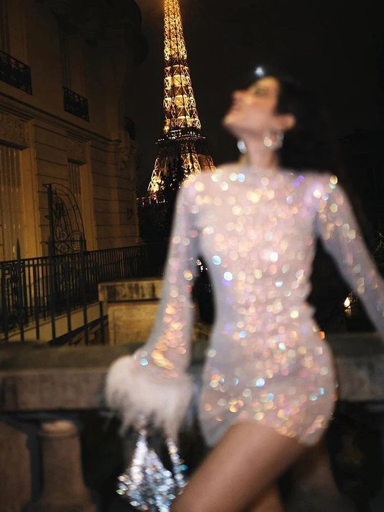 Sofía | Mini Vestido de Cóctel Brillante para Mujer con Mangas Largas y Puños de Plumas - Noa Lagos