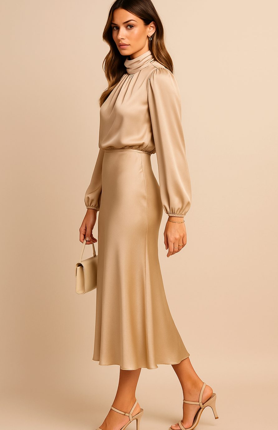 Look completo con vestido midi, tacones y clutch para boda