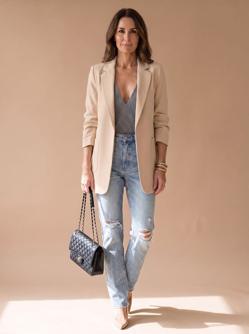 Detalle del cuello solapa clásico del blazer de mujer